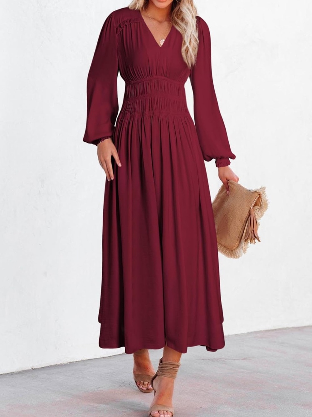 BLENCOT Womens Casual Long Sleeve Tiered V Neck Dress Pleat Ruched Ruffled Dress